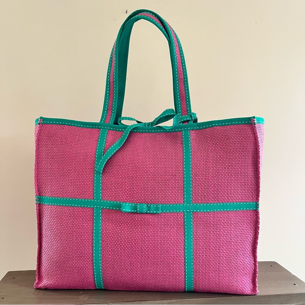 Ralph Lauren Pink Tote with Green Trim and Matching Pouch - Picture 2 of 10